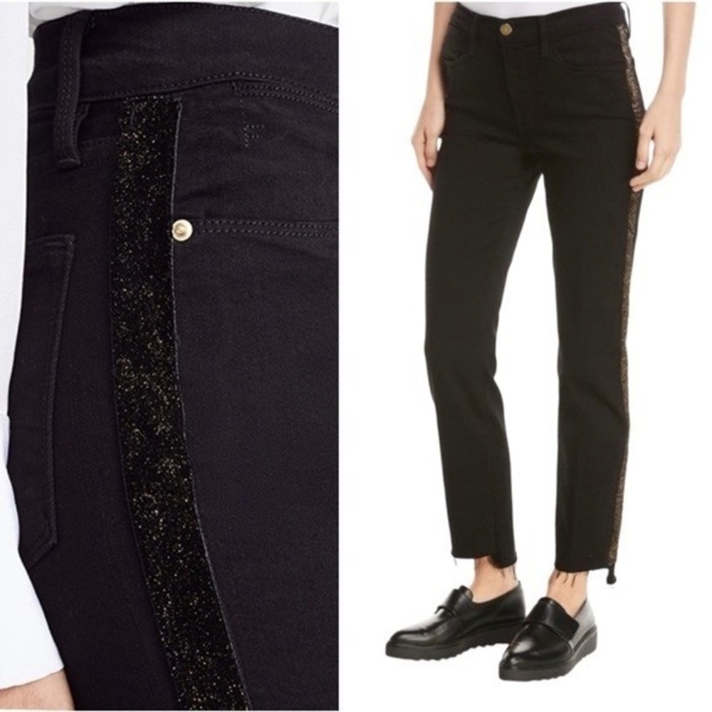 FRAME Le High Straight Noir Black Jeans Gold Glitter Stripe Raw Hem 27 Preppy